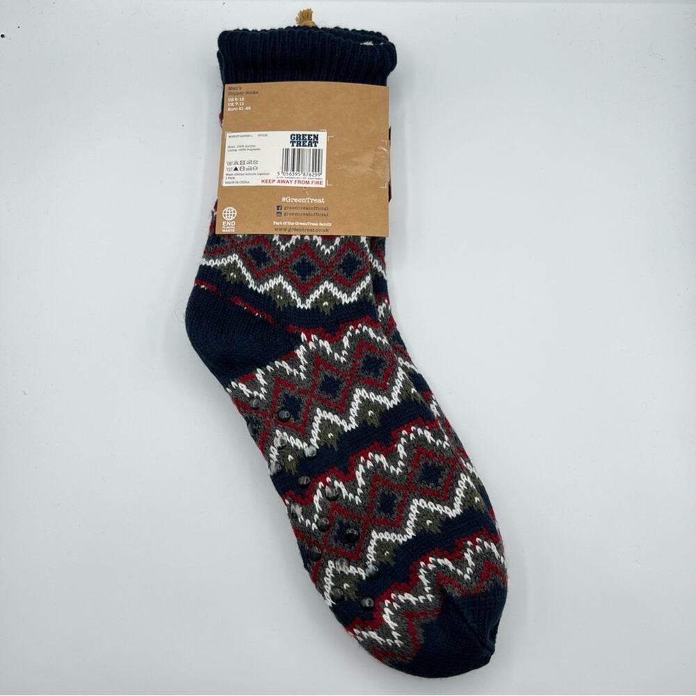 Green Treat Navy Red White Printed Slipper Socks Men’s Size 8-12 - Picture 5 of 6